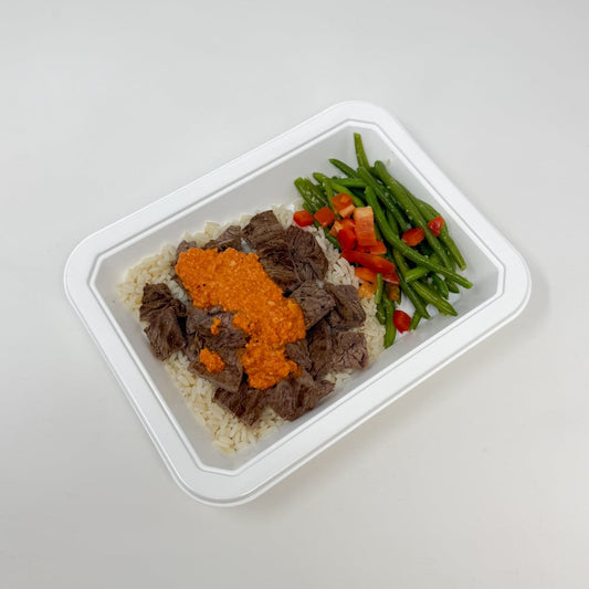 Romesco Steak Bowl with Rice and Green Beans